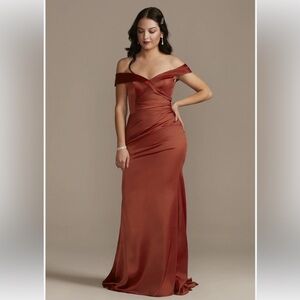 Off-Shoulder Satin Evening Gown in Cinnamon